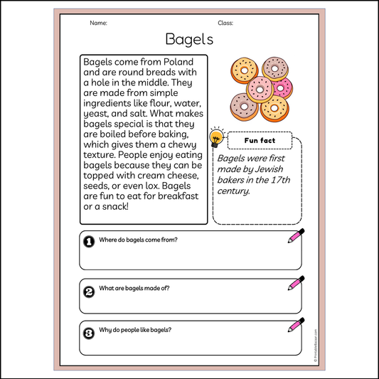 Bagels | Reading Passage Comprehension Questions Writing Facts Worksheet