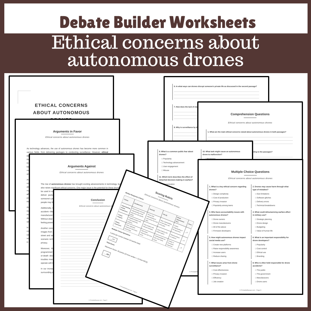 Ethical concerns about autonomous drones | Favour and Against Worksheet Printable Activity