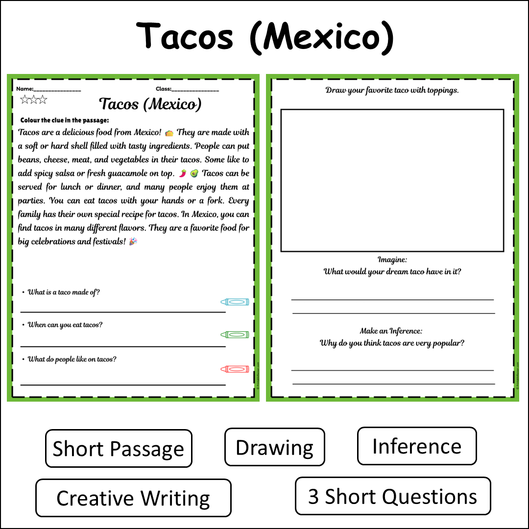 Tacos (Mexico) | Short Reading Comprehension Creative Worksheet