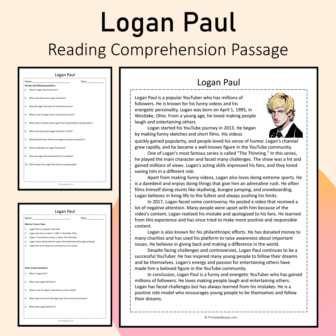 Logan Paul | Reading Comprehension Passage Printable Activity