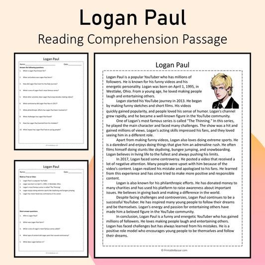 Logan Paul | Reading Comprehension Passage Printable Activity