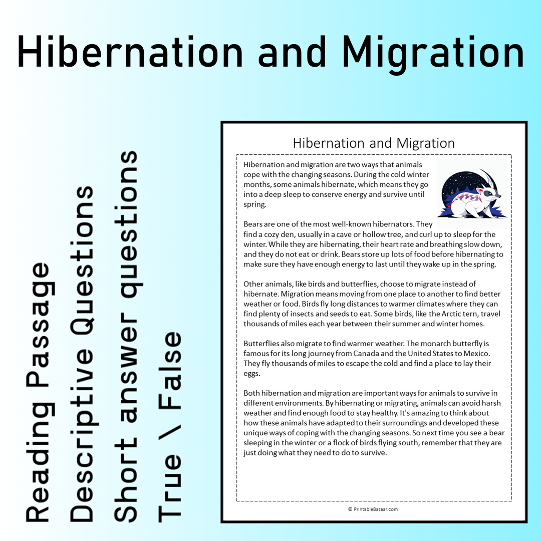 Hibernation and Migration | Reading Comprehension Passage Printable Worksheet