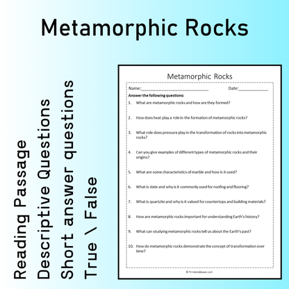 Metamorphic Rocks | Reading Comprehension Passage Printable Worksheet