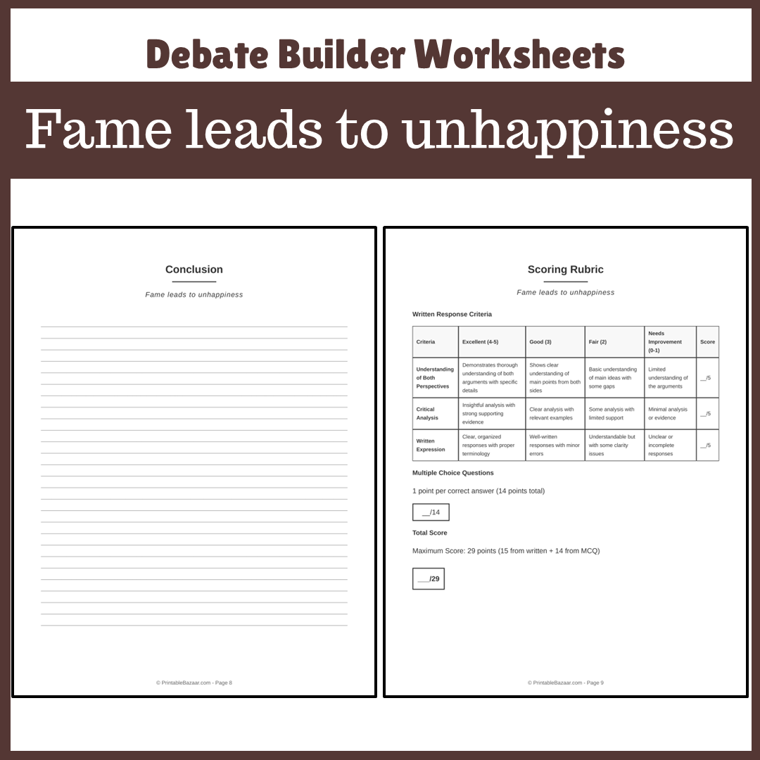 Fame leads to unhappiness | Favour and Against Worksheet Printable Activity