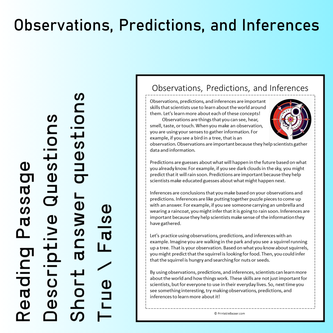 Observations, Predictions, and Inferences | Reading Comprehension Passage Printable Worksheet
