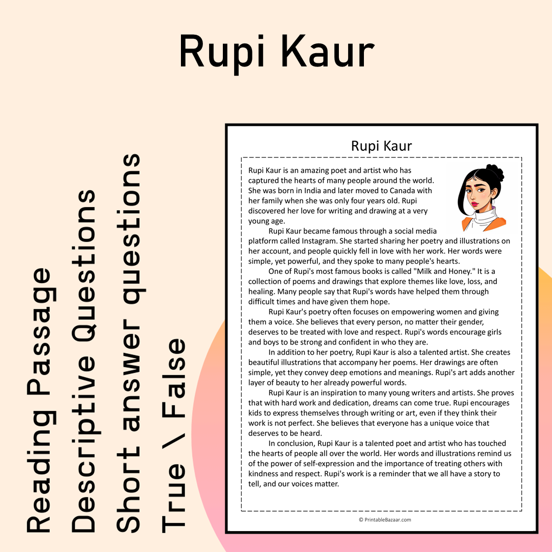 Rupi Kaur | Reading Comprehension Passage Printable Activity