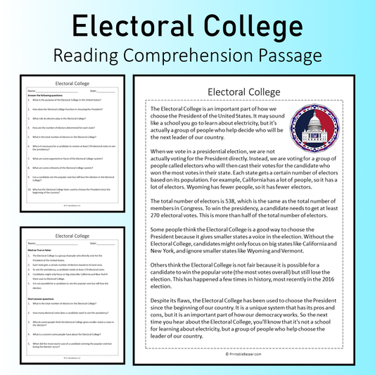 Electoral College | Reading Comprehension Passage Printable Worksheet