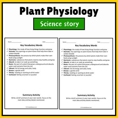 Plant Physiology | Science Story Reading Comprehension Activity