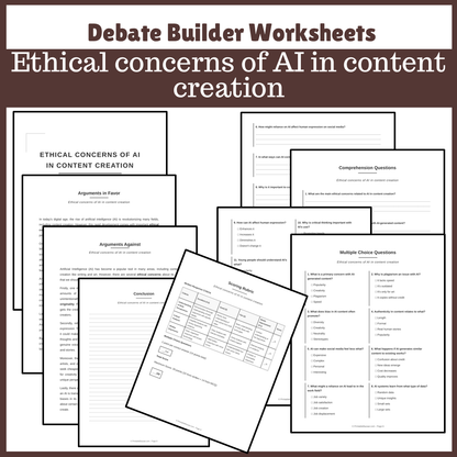Ethical concerns of AI in content creation | Favour and Against Worksheet Printable Activity