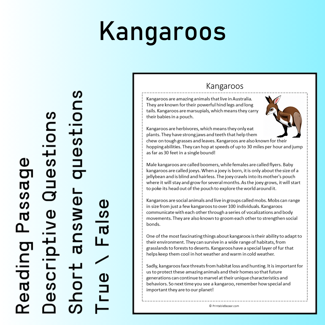 Kangaroos | Reading Comprehension Passage Printable Worksheet