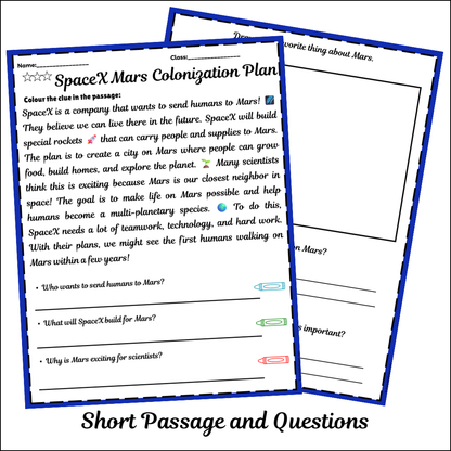 SpaceX Mars Colonization Plan | Short Reading Comprehension Creative Worksheet