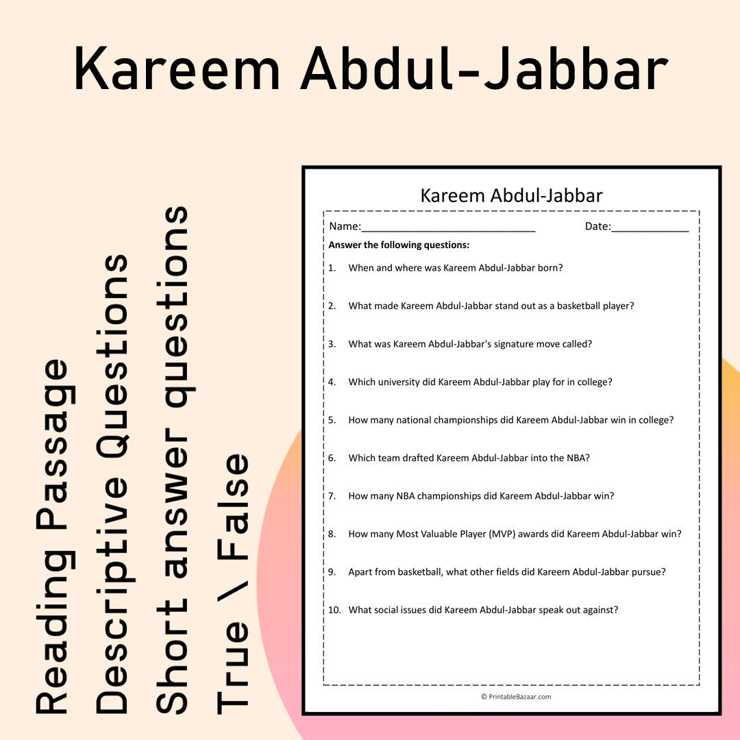 Kareem Abdul-Jabbar | Reading Comprehension Passage Printable Activity