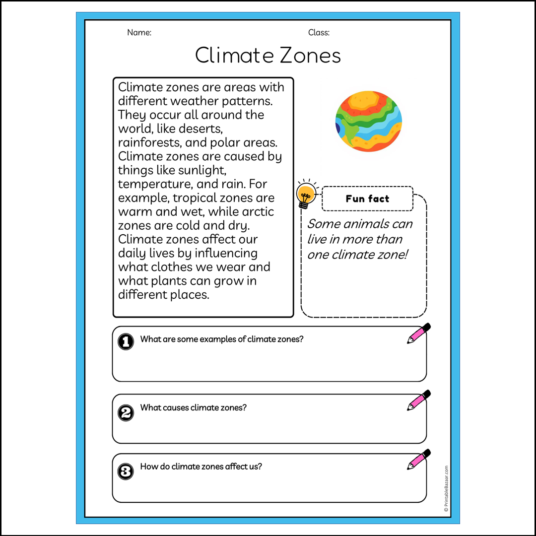 Climate Zones | Reading Passage Comprehension Questions Writing Facts Worksheet