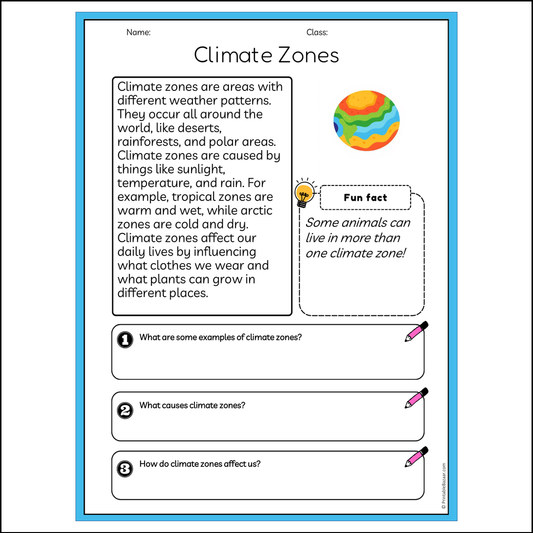 Climate Zones | Reading Passage Comprehension Questions Writing Facts Worksheet