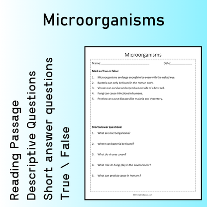 Microorganisms | Reading Comprehension Passage Printable Worksheet