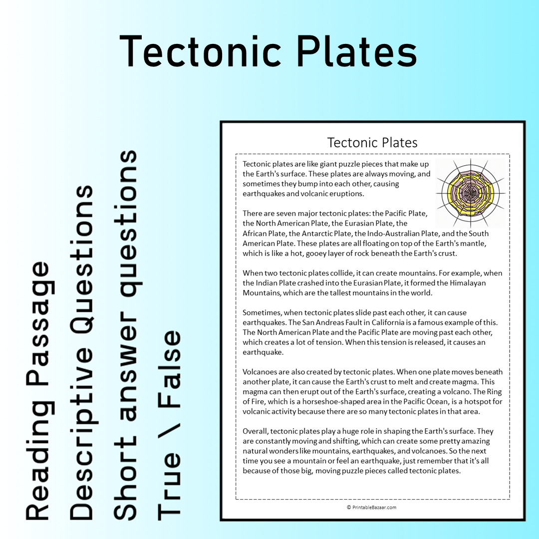 Tectonic Plates | Reading Comprehension Passage Printable Worksheet