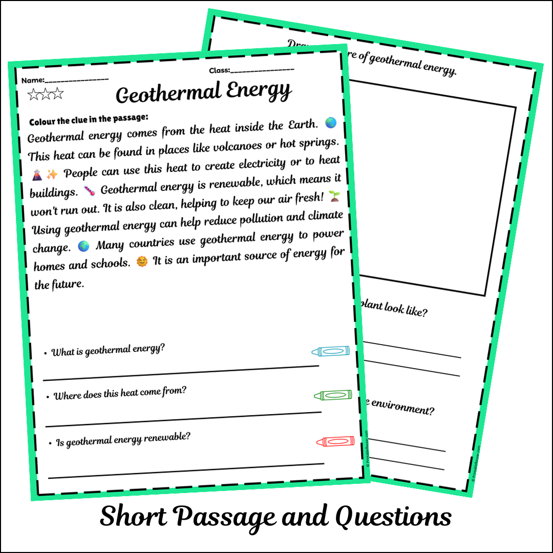 Geothermal Energy | Short Reading Comprehension Creative Worksheet