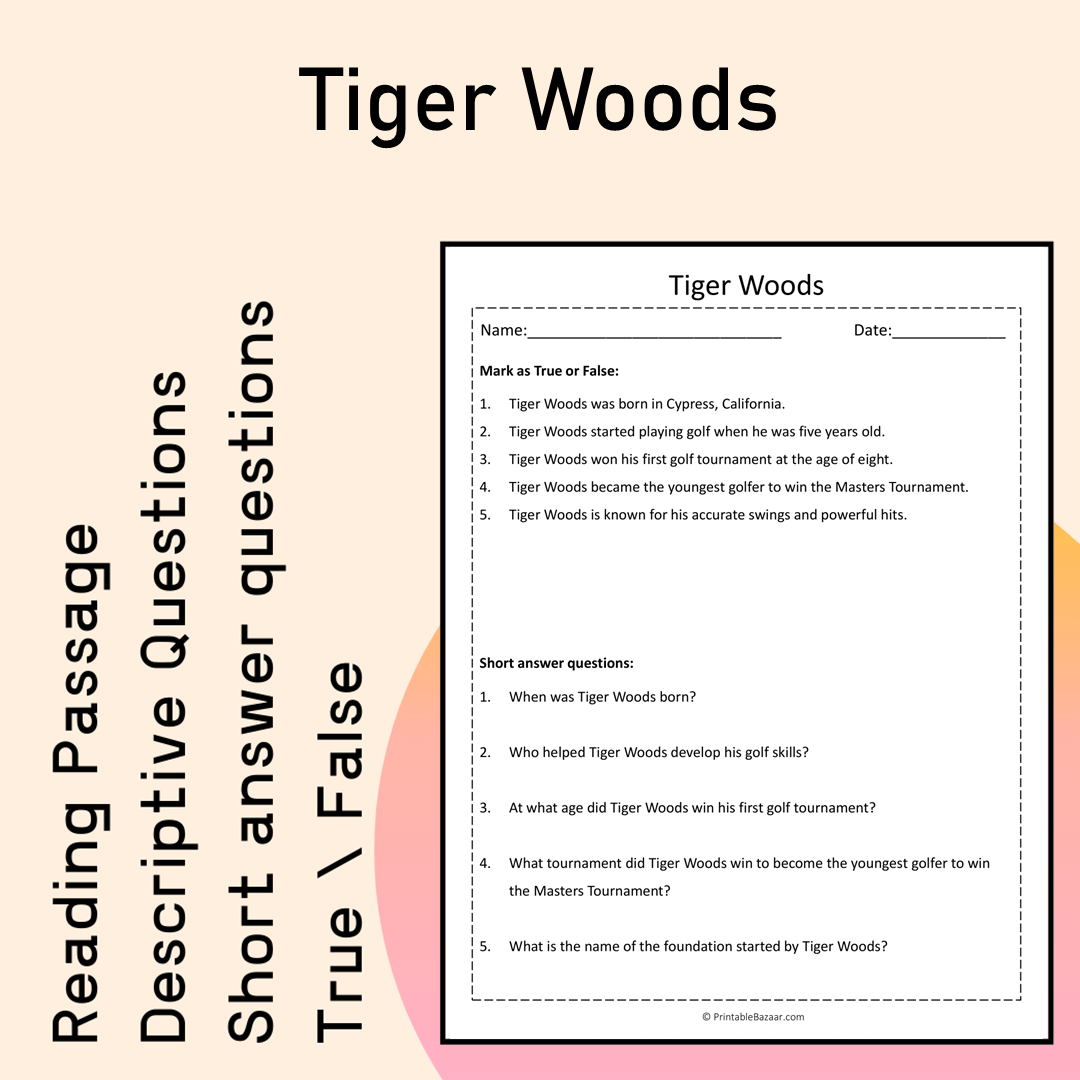 Tiger Woods | Reading Comprehension Passage Printable Activity