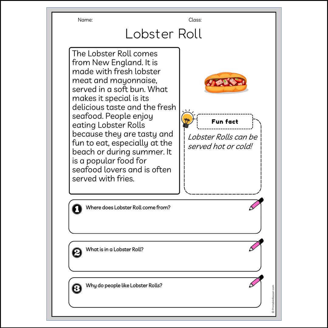 Lobster Roll | Reading Passage Comprehension Questions Writing Facts Worksheet