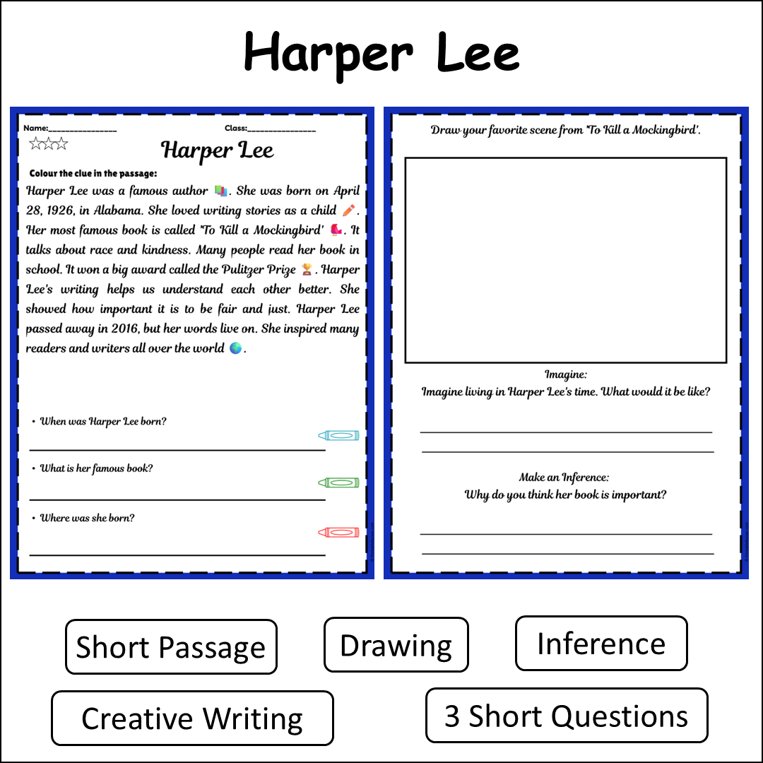 Harper Lee | Short Reading Comprehension Creative Worksheet