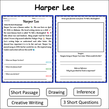 Harper Lee | Short Reading Comprehension Creative Worksheet