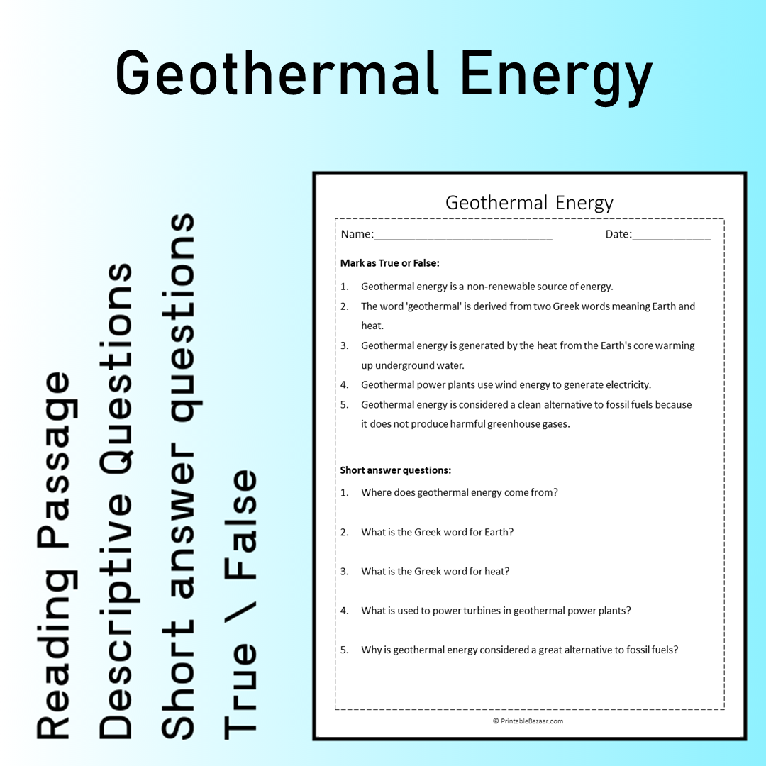 Geothermal Energy | Reading Comprehension Passage Printable Worksheet
