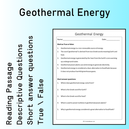 Geothermal Energy | Reading Comprehension Passage Printable Worksheet