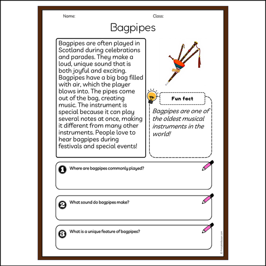 Bagpipes | Reading Passage Comprehension Questions Writing Facts Worksheet