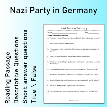 Nazi Party in Germany | Reading Comprehension Passage Printable Worksheet