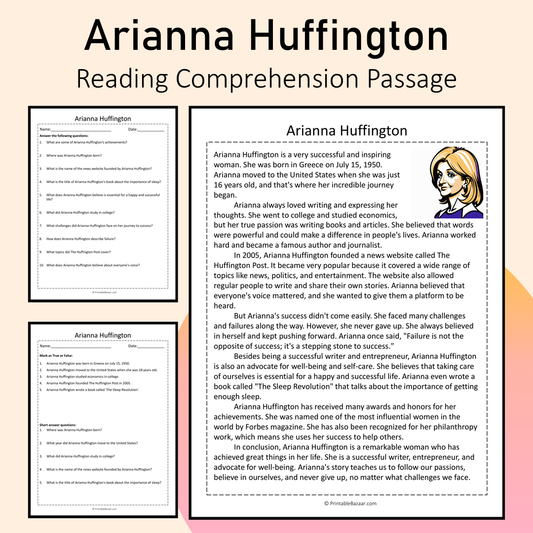 Arianna Huffington | Reading Comprehension Passage Printable Activity