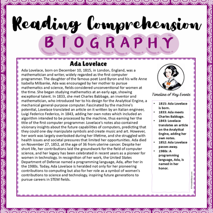 Ada Lovelace | Biography Reading Comprehension and Questions Worksheet