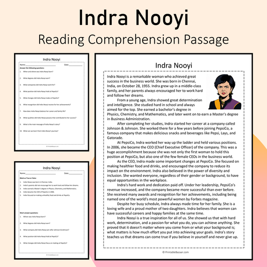 Indra Nooyi | Reading Comprehension Passage Printable Activity