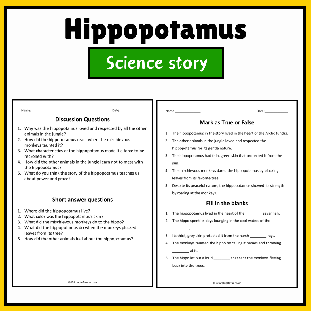 Hippopotamus | Science Story Reading Comprehension Activity