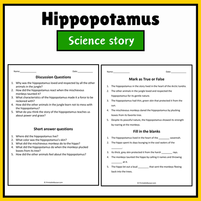 Hippopotamus | Science Story Reading Comprehension Activity