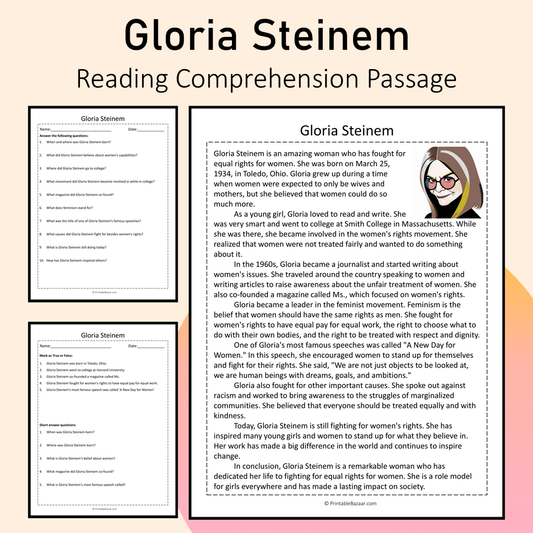 Gloria Steinem | Reading Comprehension Passage Printable Activity