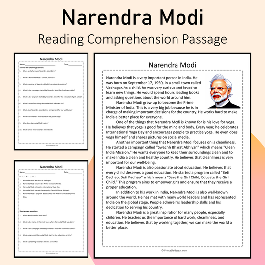 Narendra Modi | Reading Comprehension Passage Printable Activity
