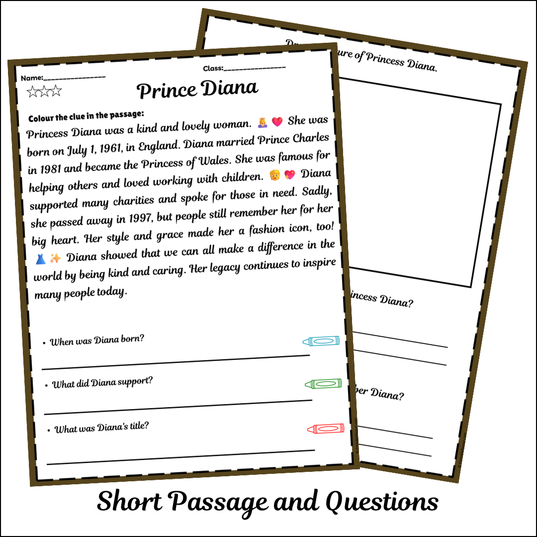 Prince Diana | Short Reading Comprehension Creative Worksheet