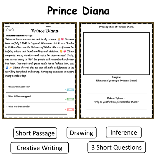 Prince Diana | Short Reading Comprehension Creative Worksheet