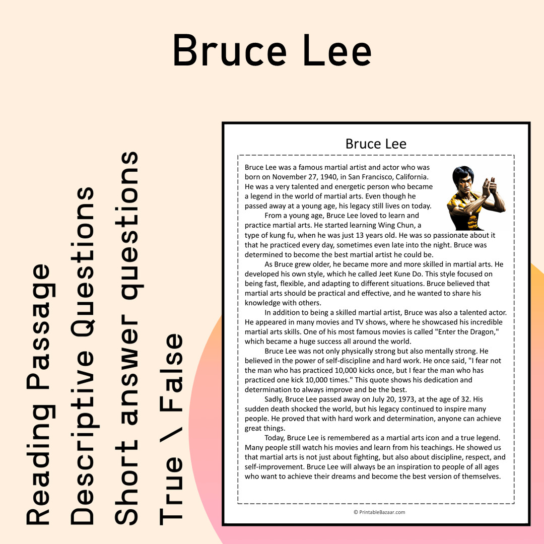 Bruce Lee | Reading Comprehension Passage Printable Activity