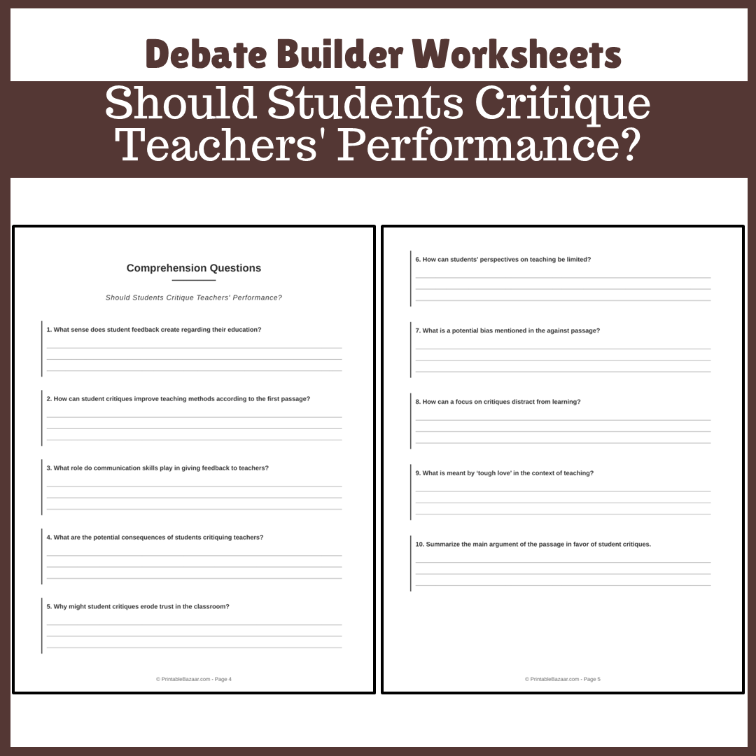 Should Students Critique Teachers' Performance? | Favour and Against Worksheet Printable Activity