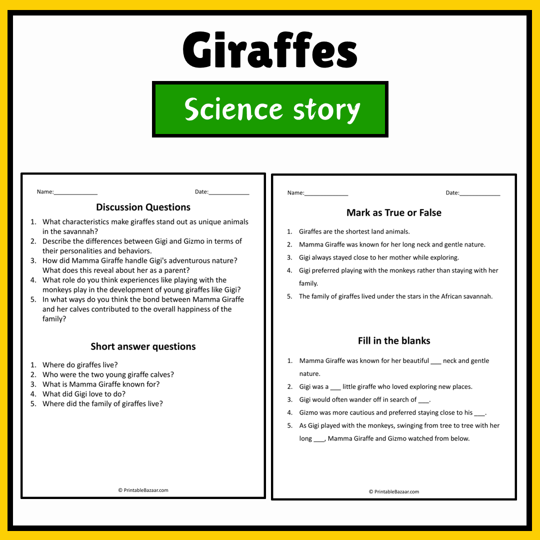Giraffes | Science Story Reading Comprehension Activity