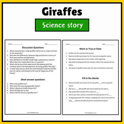Giraffes | Science Story Reading Comprehension Activity