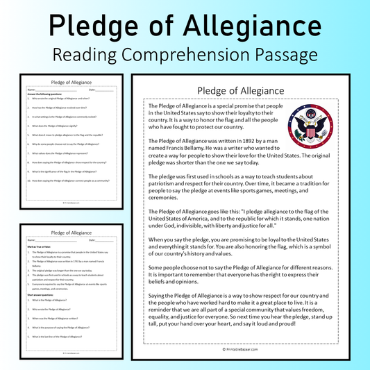 Pledge of Allegiance | Reading Comprehension Passage Printable Worksheet