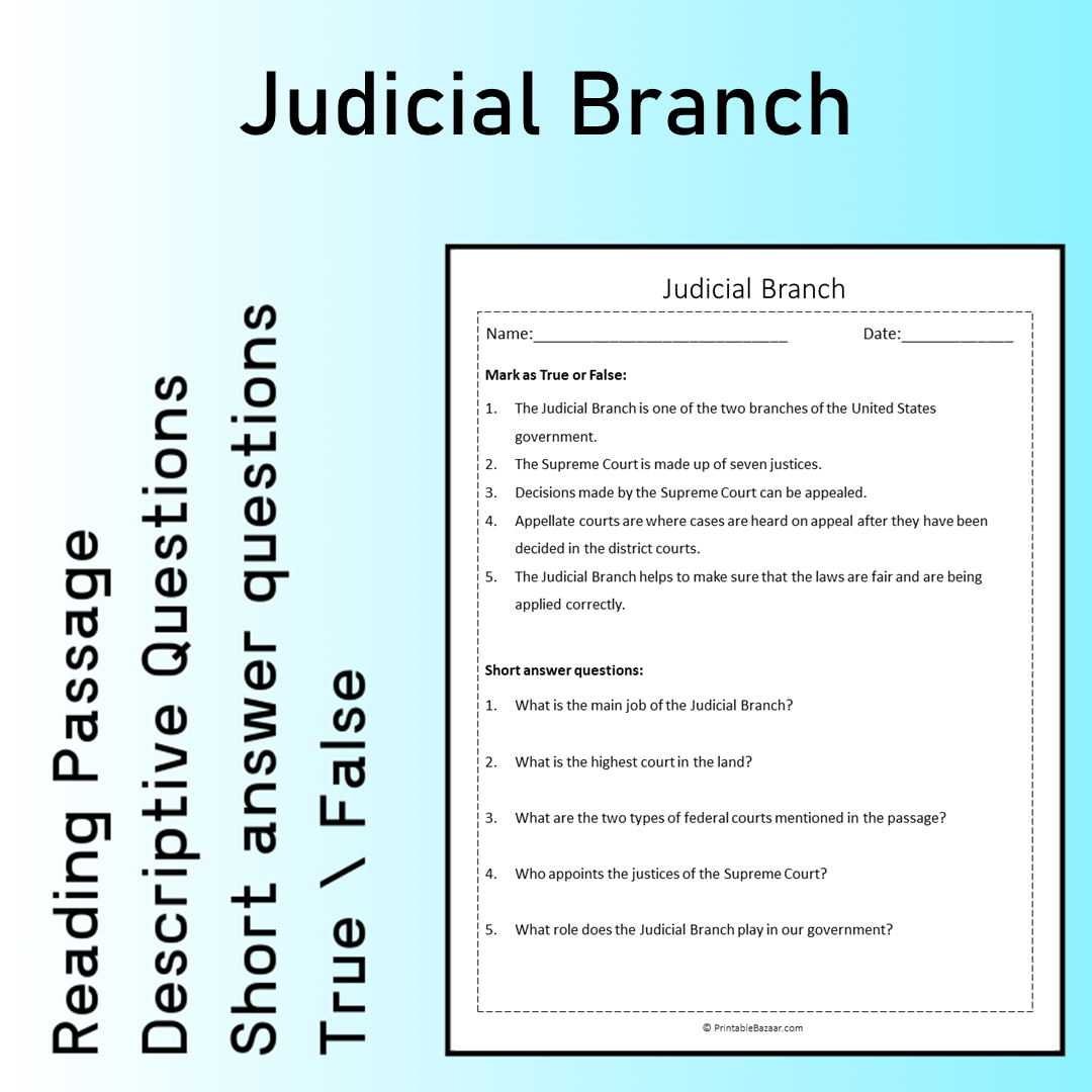 Judicial Branch | Reading Comprehension Passage Printable Worksheet