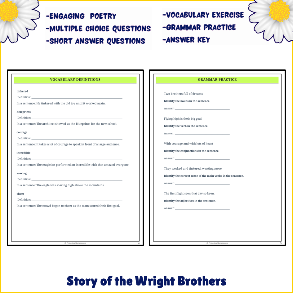 Story of the Wright Brothers | Poem Grammar Worksheet Printable Activity