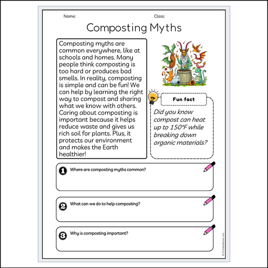 Composting Myths | Reading Passage Comprehension Questions Writing Facts Worksheet