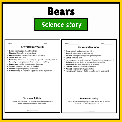 Bears | Science Story Reading Comprehension Activity