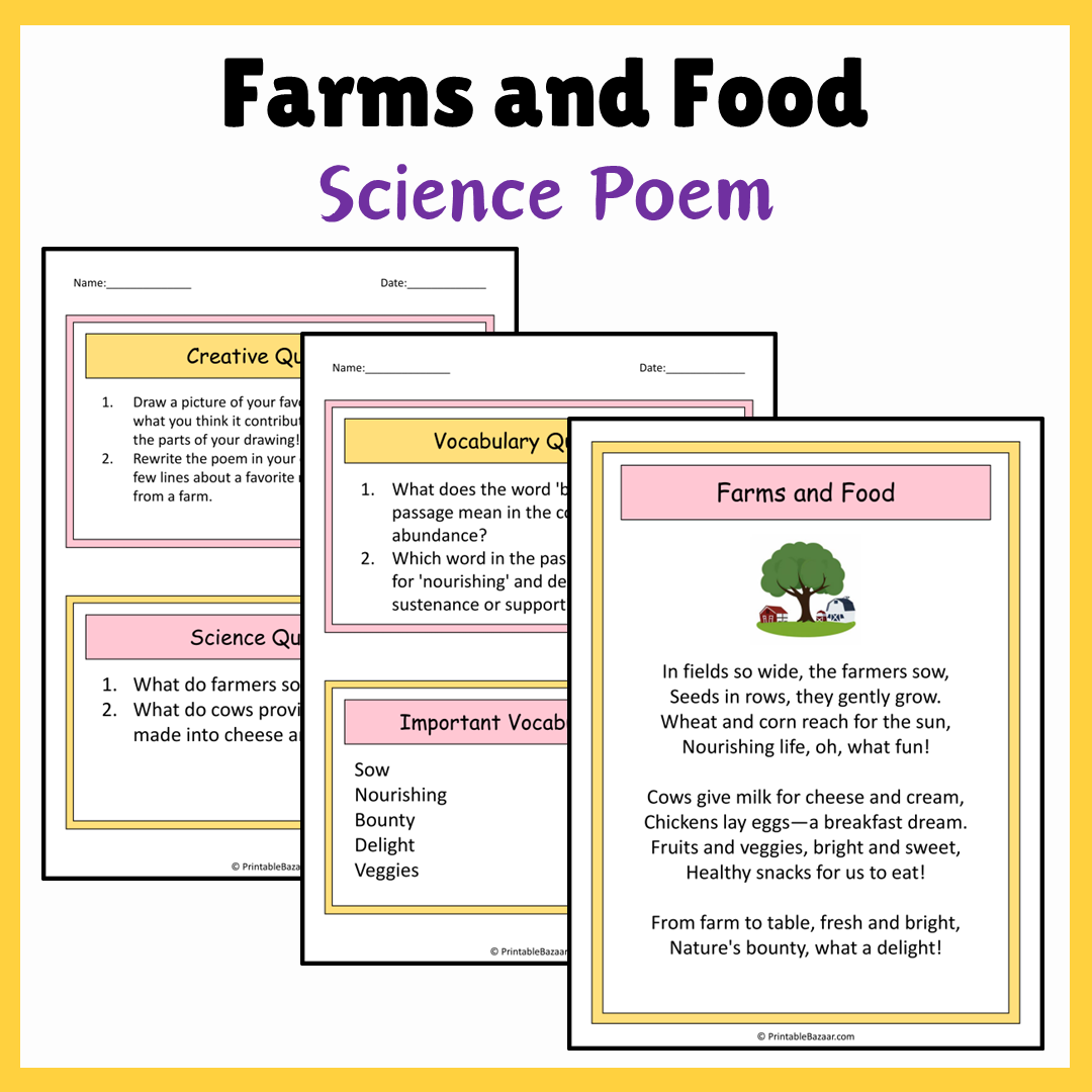 Farms and Food | Science Poem Reading Comprehension Activity