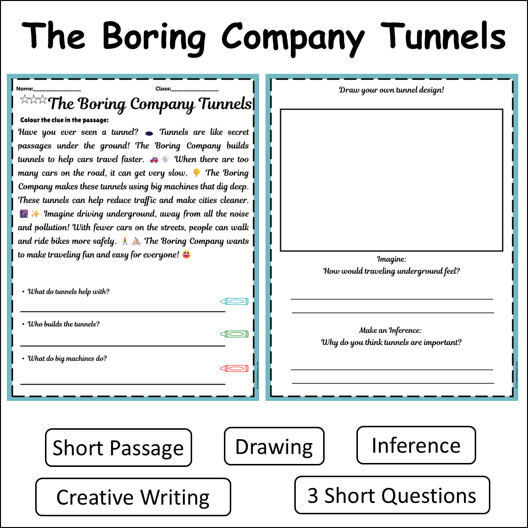 The Boring Company Tunnels | Short Reading Comprehension Creative Worksheet