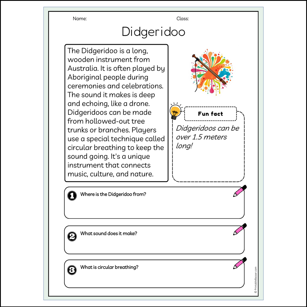 Didgeridoo | Reading Passage Comprehension Questions Writing Facts Worksheet